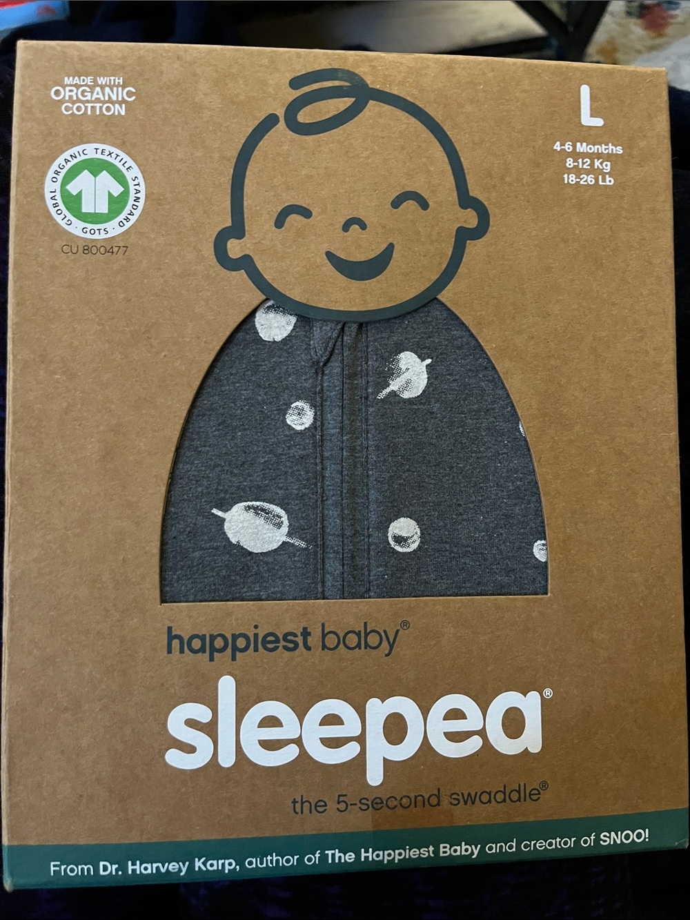 happiest baby sleepea Sleep Sack in Dark Gray with Planet Print - Organic Cotton